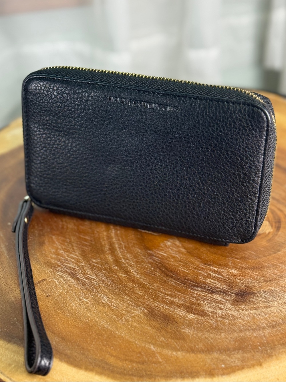 Aimee Kestenberg Black Pebbled Leather Wristlet Wallet Clutch Zip Around